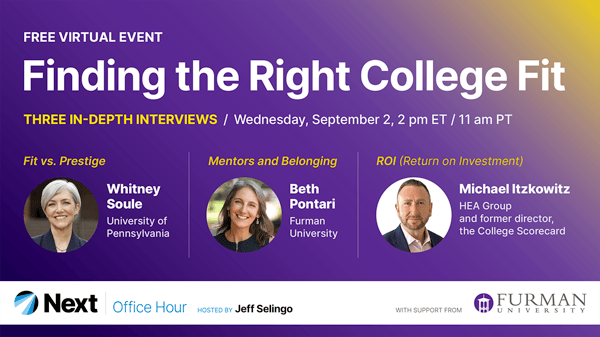 Title Finding the Right College Fit: Three In-Depth Interviews in white letters against a purple background, photos of three speakers and logos for Next Office Hour and Furman University.