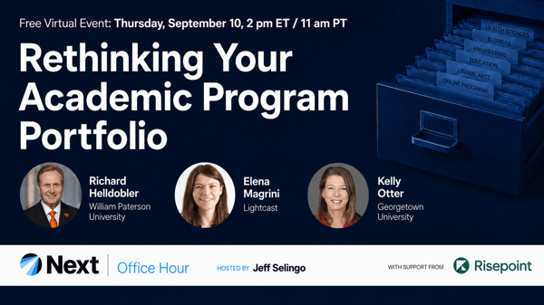 The title Rethinking Your Academic Program Portfolio against a dark blue background with an illustration of a file cabinet drawer of folders, plus the Next Office Hour and Risepoint logos.
