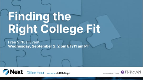 The title Finding the Right College Fit against a background illustration of blue puzzle pieces, plus the Next Office Hour and Furman University logos.