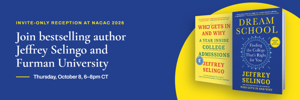 Blue and yellow background with text saying “invite-only reception at NACAC 2026” and showing the covers of two bestselling books by Jeffrey Selingo.