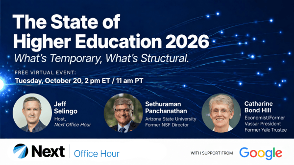 Title The State of Higher Education 2026 in white against a blue background, with photos of three speakers, the logo for the Next Office Hour, and text saying with support from Google.
