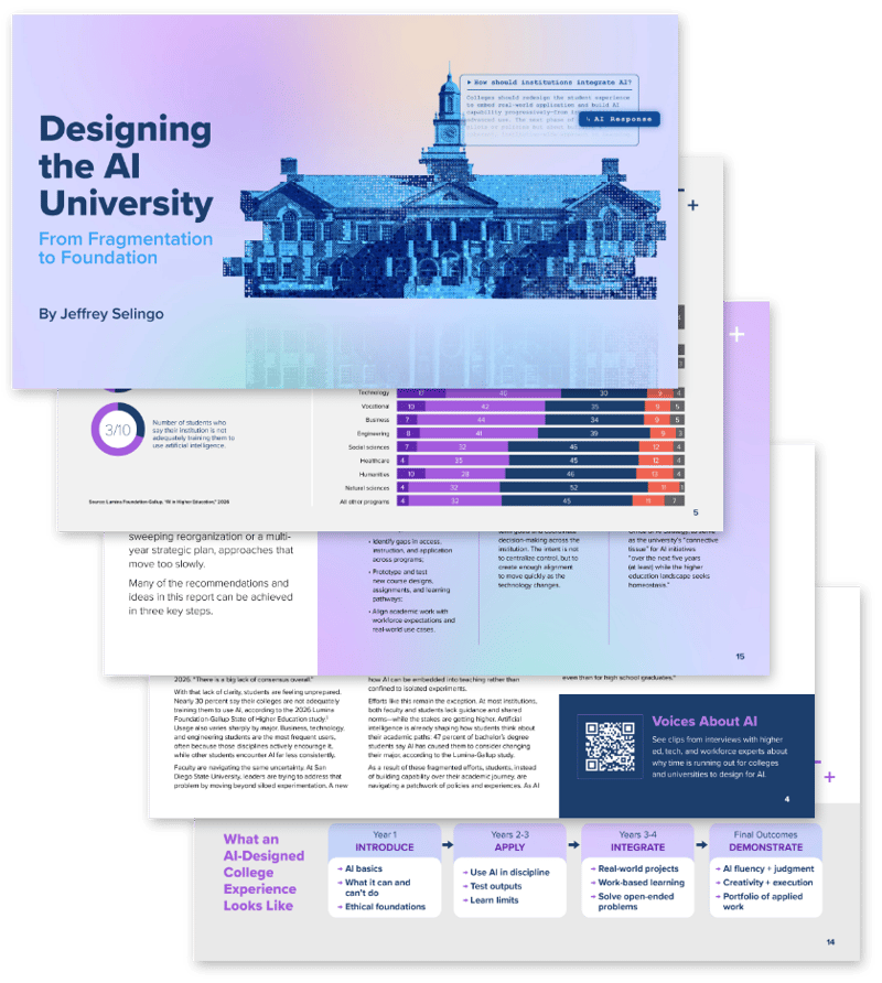 Horizontal with abstract building in blue tones on a background with light purple, title Designing the AI University, and partial views of four interior pages fanned out behind the main horizontal.