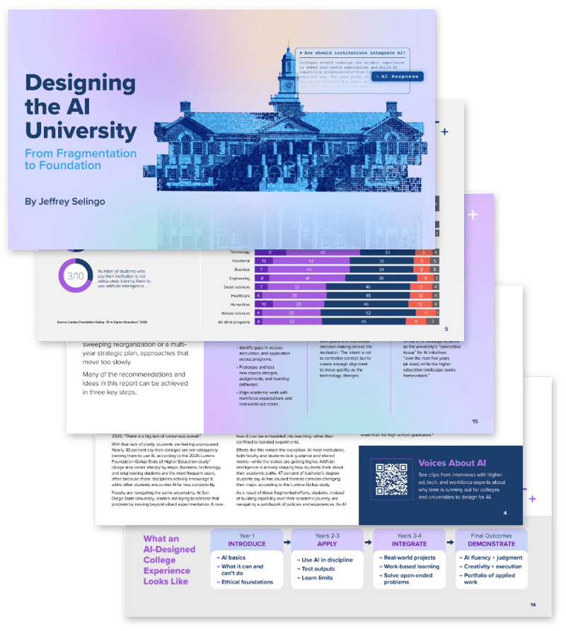 Horizontal with abstract building in blue tones on a background with light purple, title Designing the AI University, and partial views of four interior pages fanned out behind the main horizontal.