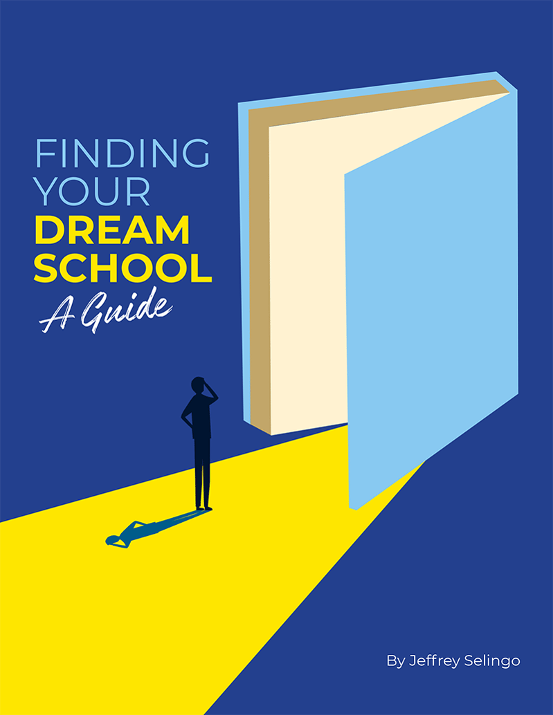 Blue background with abstract illustration that looks like both an open door, and opening the cover of a book, with an illustration of a person looking into it, and the title Finding Your Dream School A Guide.