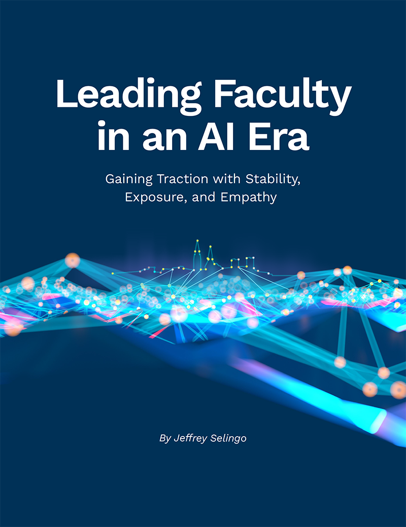 Title Leading Faculty in an AI Era: Gaining Traction with Stability, Exposure, and Empathy in white against a dark blue background, with an abstract image of illuminated dots and lines.