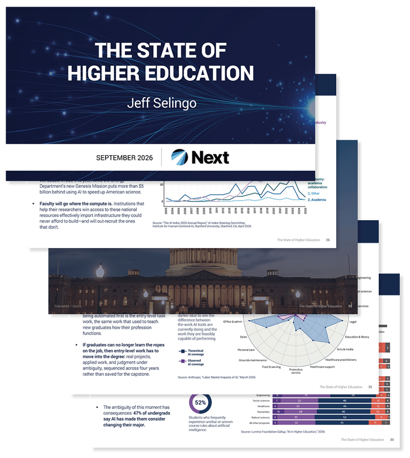 Cover image consisting of a dark blue background with dots of light and narrow lines, and title The State of Higher Education by Jeff Selingo September 2026, and partial views of four interior pages of the report that show text and charts.