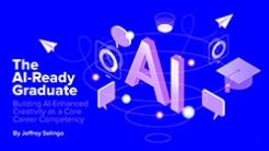 The AI-Ready Graduate_Cover_SM Bright blue background with abstract illustrations of talk bubbles, and title The AI-Ready Graduate