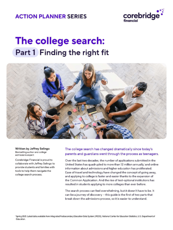 Purple text on a white background for headings and black text for subheads, with title The College Search and a photo of students sitting in a circle on the floor.