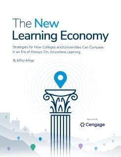 Cover of the white paper, which has the title, The New Learning Economy, an illustration of an architectural column, and the Cengage logo.